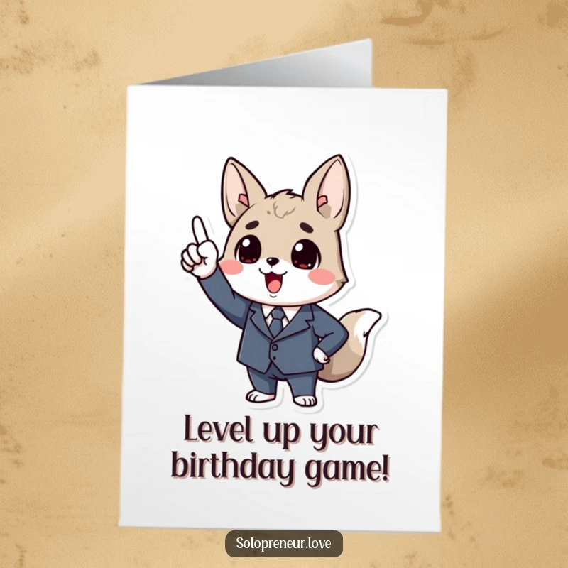 Funny free printable birthday card of an animal in a tiny business suit, enthusiastically pointing upwards with a big smile.