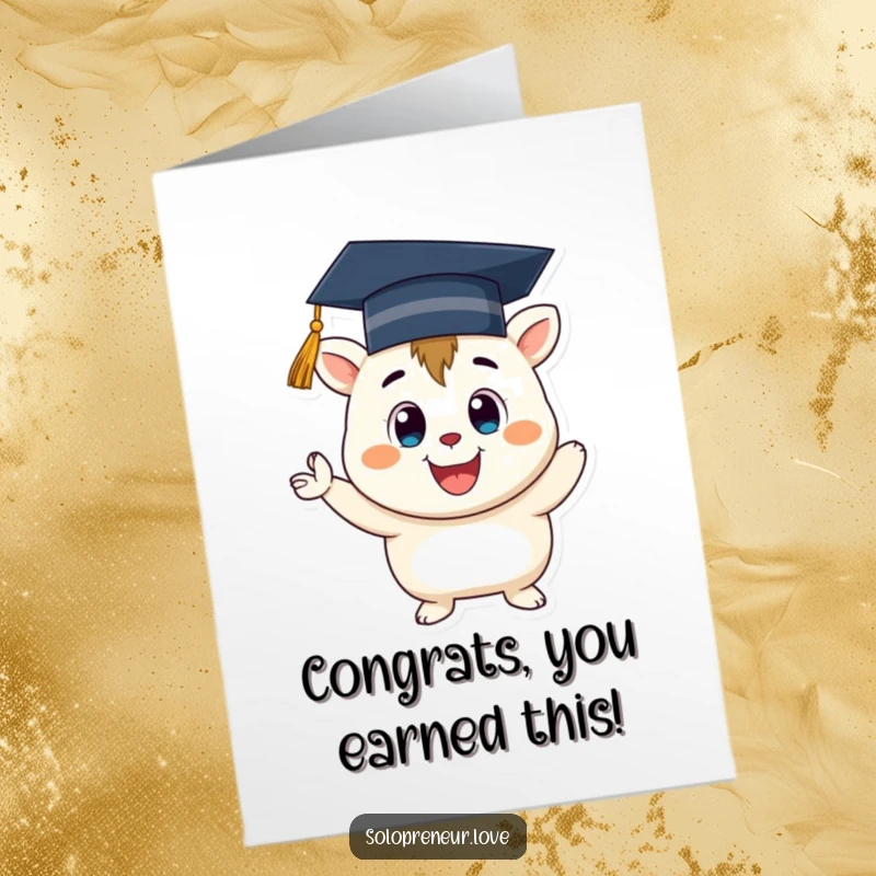 Funny free printable congratulations card of a creature wearing a graduation cap, cheering joyfully to celebrate a significant milestone.