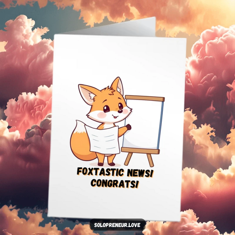 Funny Free Printable Congrats Card: Focused fox with a plan points at a whiteboard, celebrating a well-executed victory with clever humor.