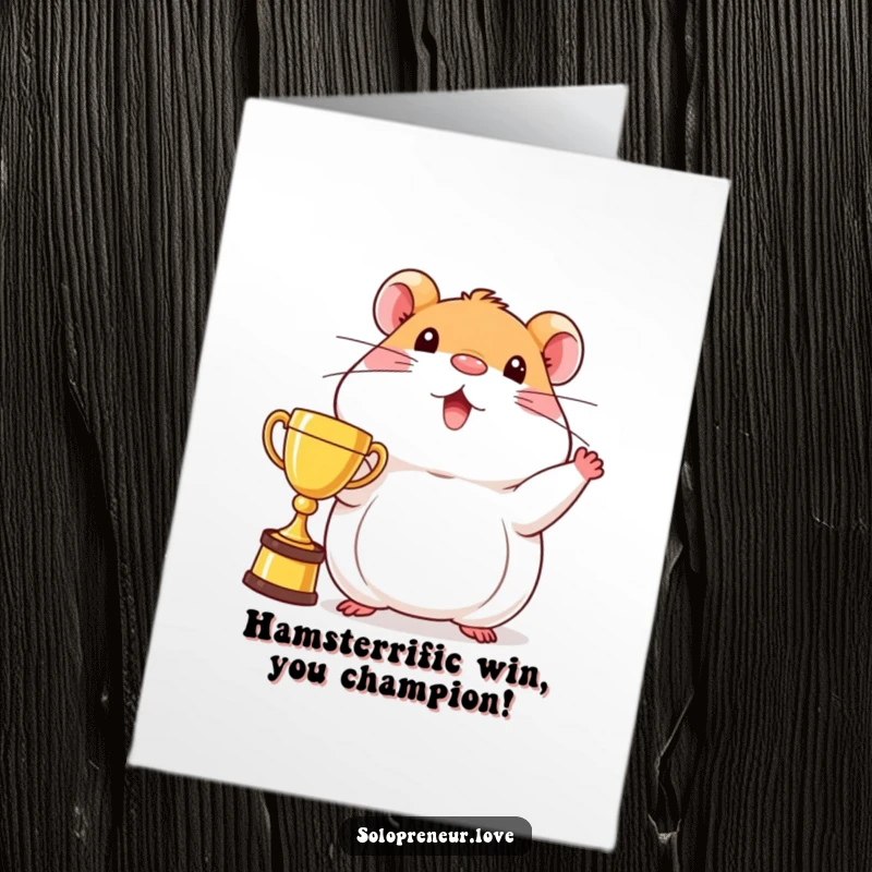 Funny Free Printable Congratulations Card showing a beaming hamster proudly displaying a trophy, celebrating a fantastic accomplishment.