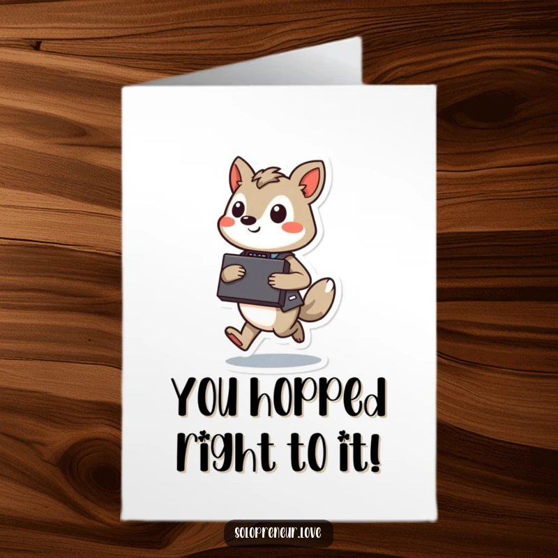 Funny free printable congratulations card of a business animal with a briefcase, confidently leaping forward, symbolizing career advancement.