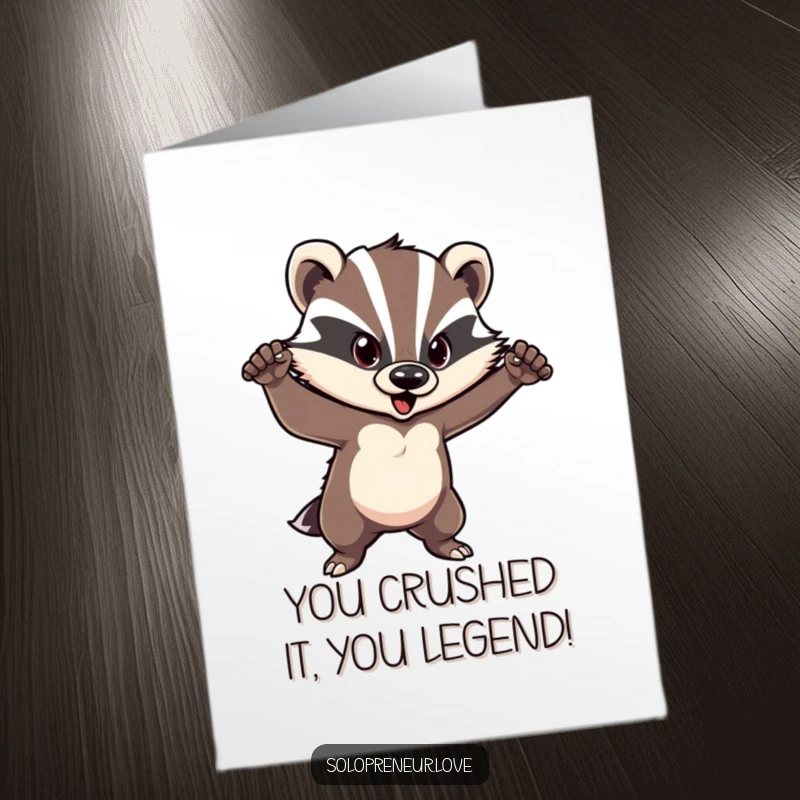 Funny Free Printable Congratulations Card depicting a courageous badger in a confident pose, celebrating a major win.