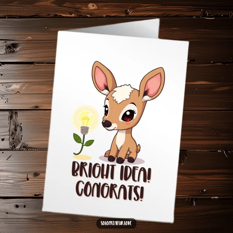 Funny Free Printable Congratulations Card showing a curious deer character examining a tiny, bright lightbulb icon, symbolizing a new idea.
