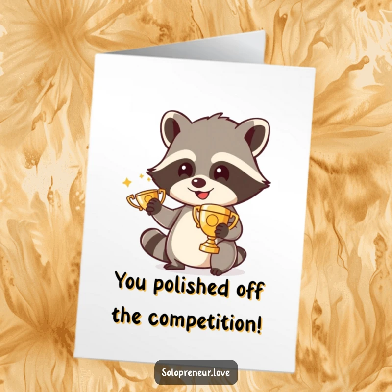 Funny Free Printable Congratulations Card: Delighted raccoon polishing a small, shiny trophy, ready to celebrate any victory with humor.