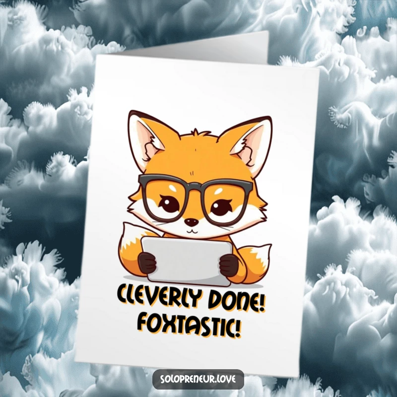 Funny Free Printable Congratulations Card: A smart fox in glasses concentrates on a tablet, signifying focus and achievement.
