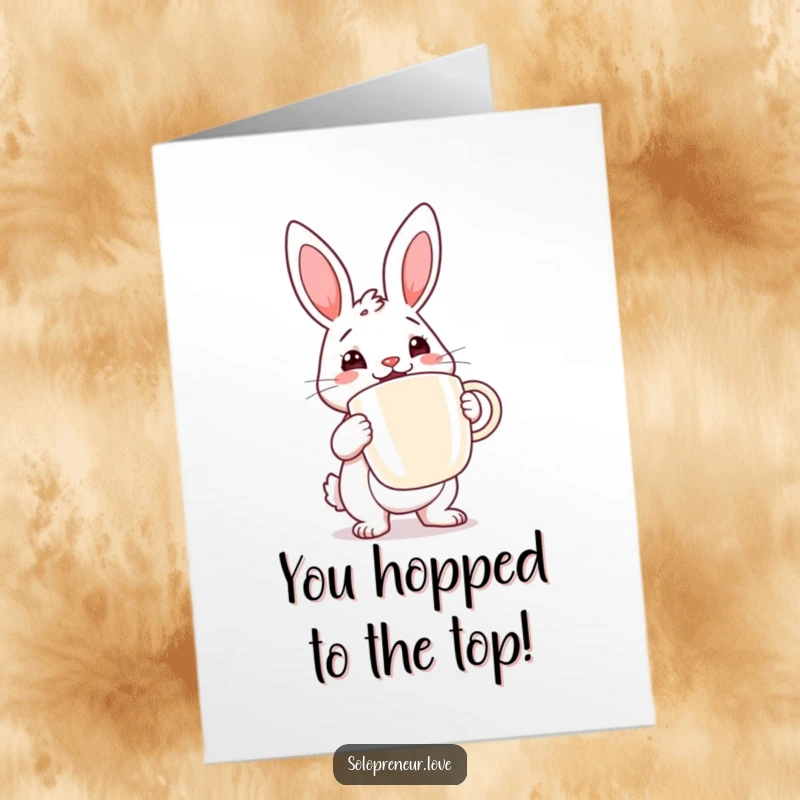 Funny Free Printable congratulations card: Determined rabbit cheerfully holding a large coffee cup, celebrating a big win.