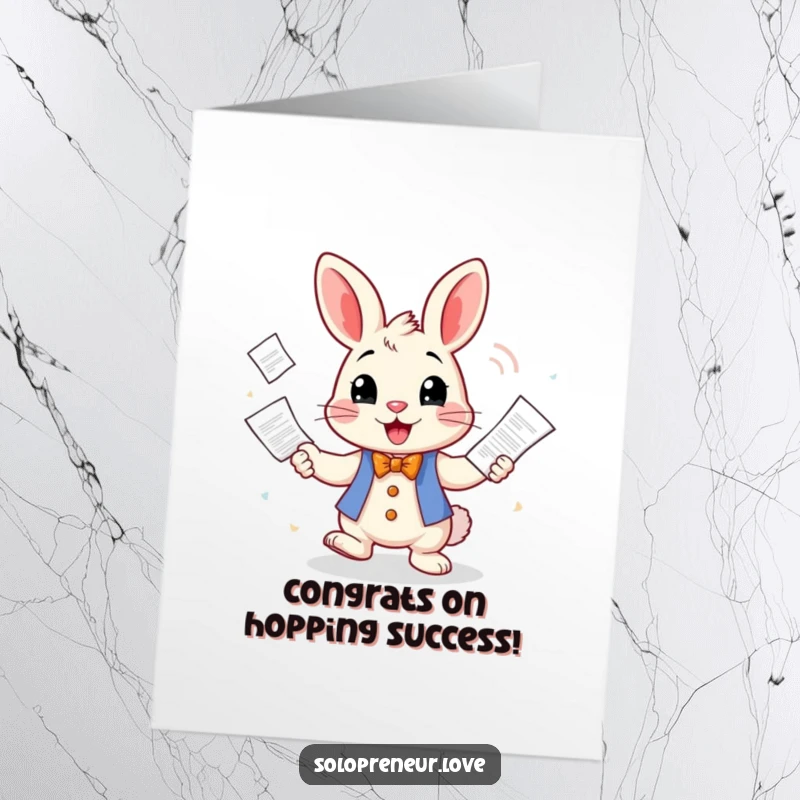 Funny Free Printable Congratulations Card: A cheerful rabbit character expertly juggling business invoices, symbolizing accomplishment.
