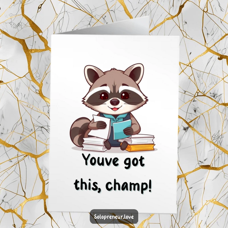 Funny Free Printable congratulations card with a smiling raccoon diligently organizing papers, celebrating achievement.