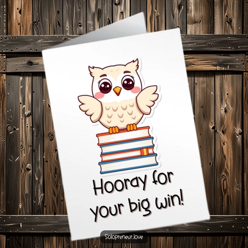 Funny Free Printable Congratulations Card: Smiling owl perched regally on a pile of books, celebrating your smart win.