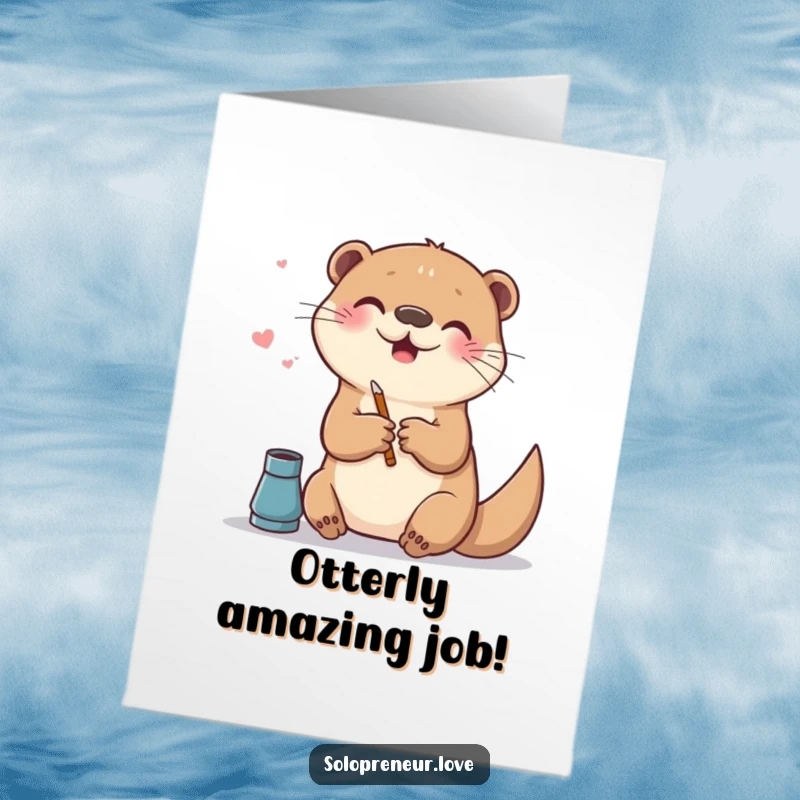 Funny Free Printable Congratulations Card: A happy otter is engrossed in creating digital art, celebrating a successful endeavor.