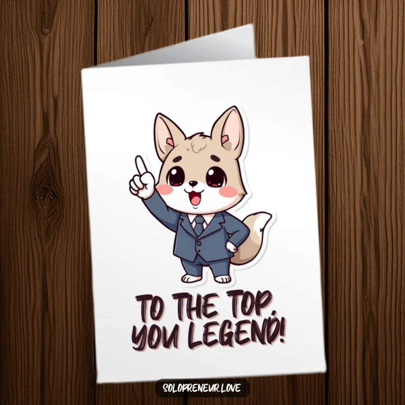 Funny free printable congratulations card showing an animal in a sharp business suit pointing enthusiastically upwards, symbolizing success.
