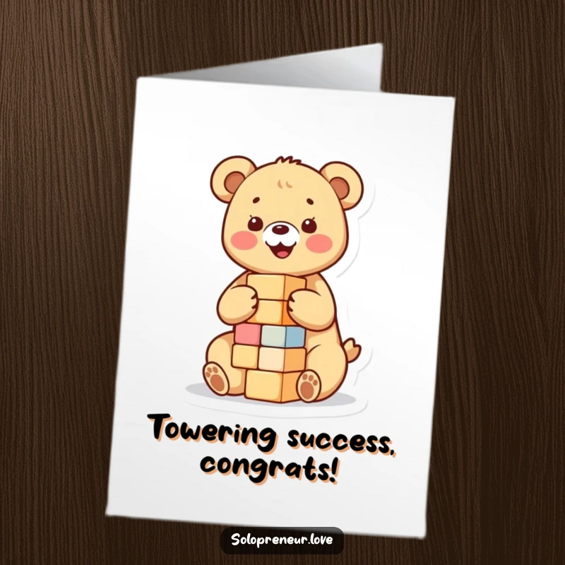 Free Printable Congrats Card: A happy bear cub triumphantly building a block tower, celebrating success adorably.