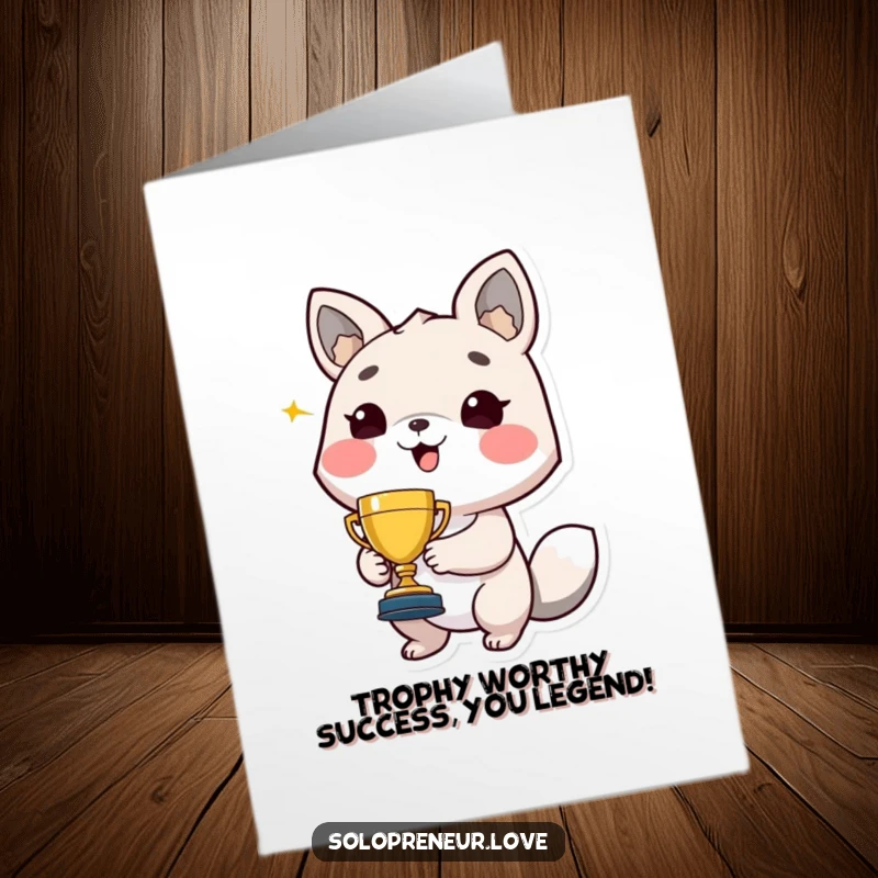 Funny Free Printable Congrats Card: Animal holding small trophy beams proudly, celebrating a fantastic achievement with joy.