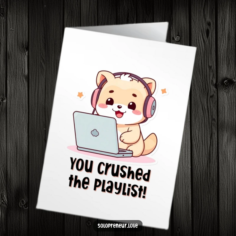 Funny free printable congratulations card of a creature in headphones, engrossed in a laptop, celebrating a digital win.