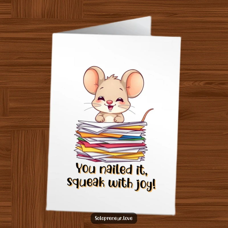 Funny Free Printable Congratulations Card showcasing a giggling mouse organizing colorful papers, celebrating a job well done.