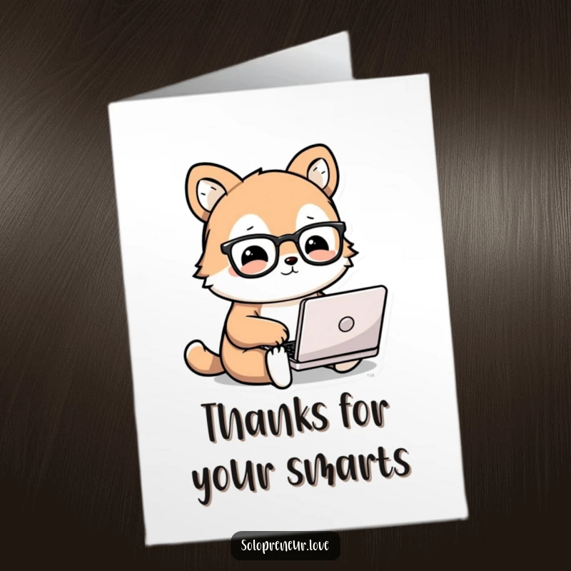 Funny Free Printable Thank You Card with a cute animal wearing glasses typing on a laptop, showing gratitude.