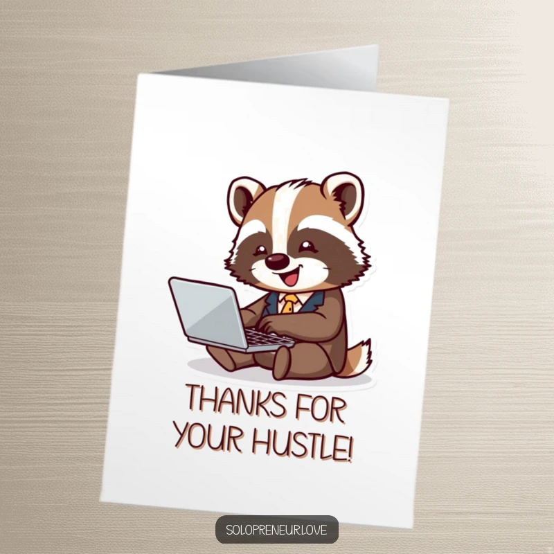 Funny Free Printable thank you card: Tiny badger in a business suit joyfully typing on a laptop, expressing gratitude.