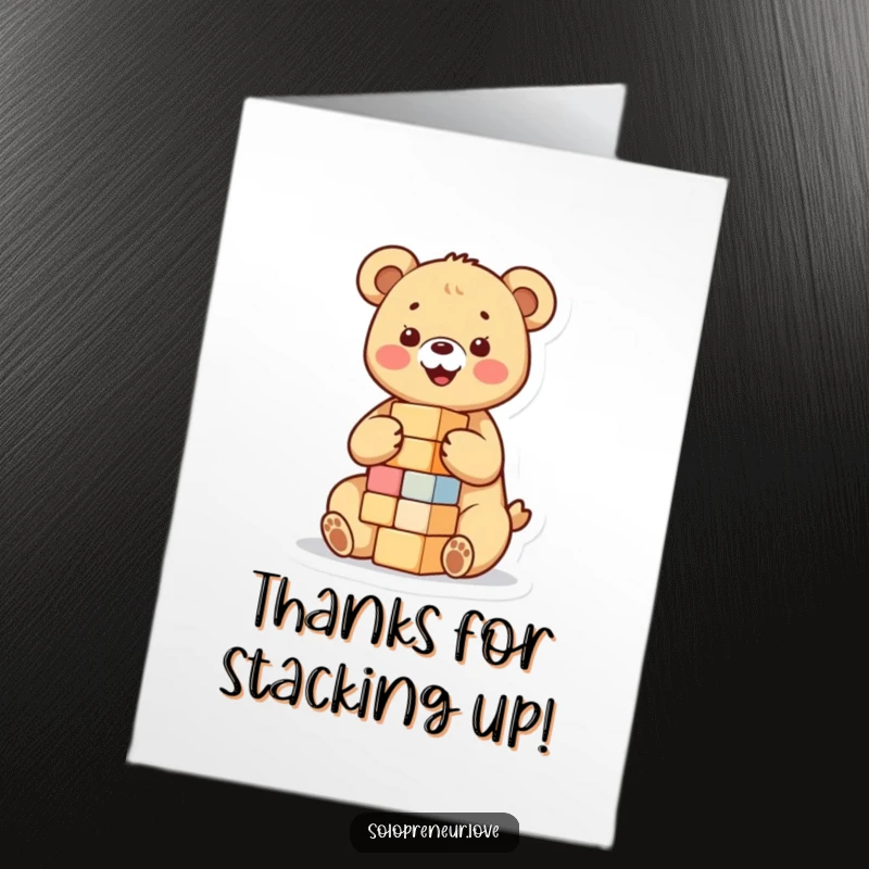 Free Printable Thank You Card: A happy bear cub stacking blocks, a cute and simple way to say thanks.