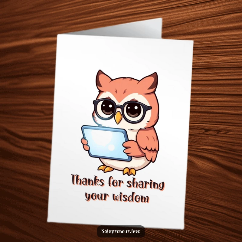Funny free printable thank you card with an owl wearing glasses, absorbed in a glowing tablet, expressing gratitude with humor.