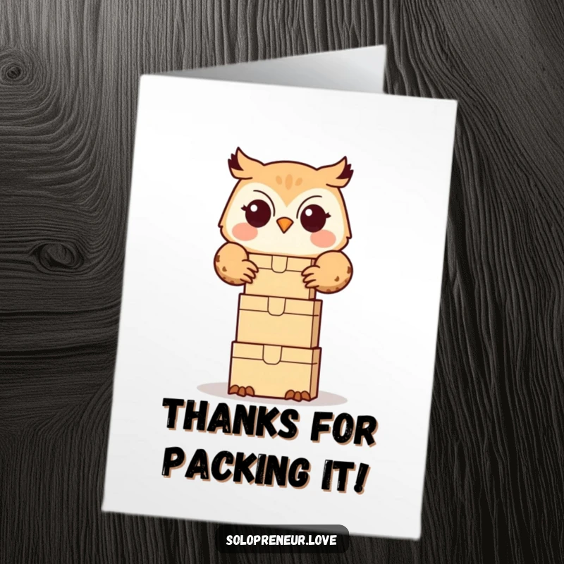 Funny Free Printable thank you card: Cute owl happily stacking small boxes, symbolizing organized appreciation.