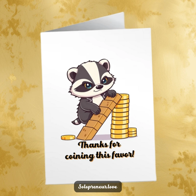 Funny Free Printable Thank You Card: a determined badger climbs a ladder of coins, expressing gratitude for support.