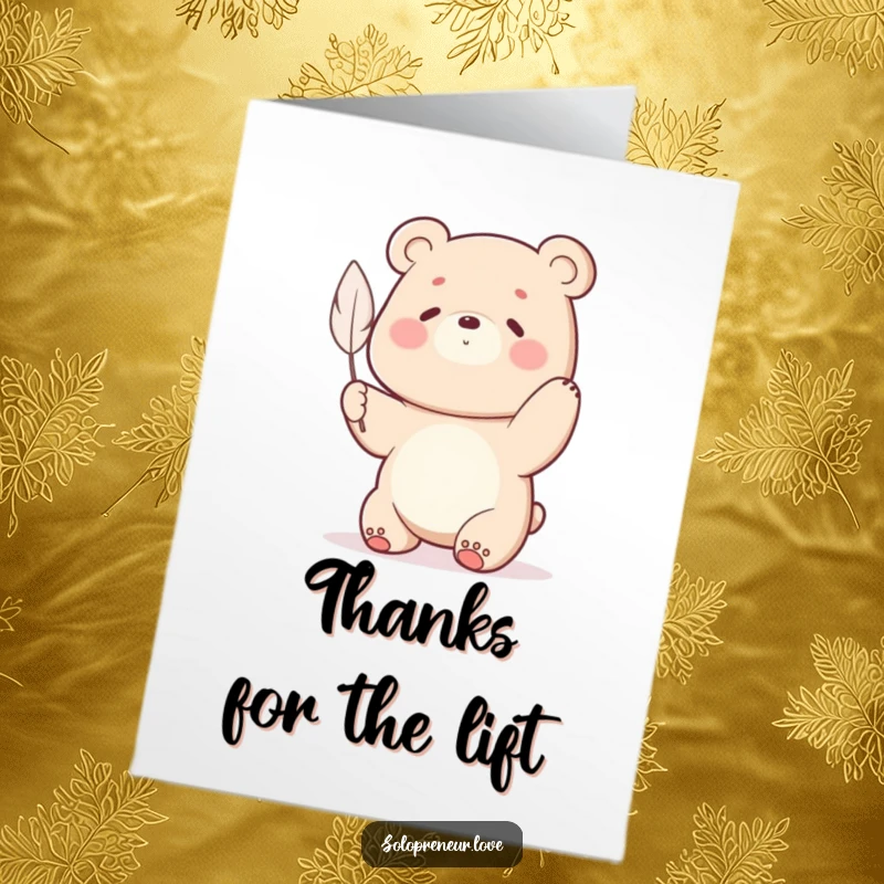 Funny Free Printable Thank You Card depicting a powerful bear character comically straining to lift a single, delicate feather.