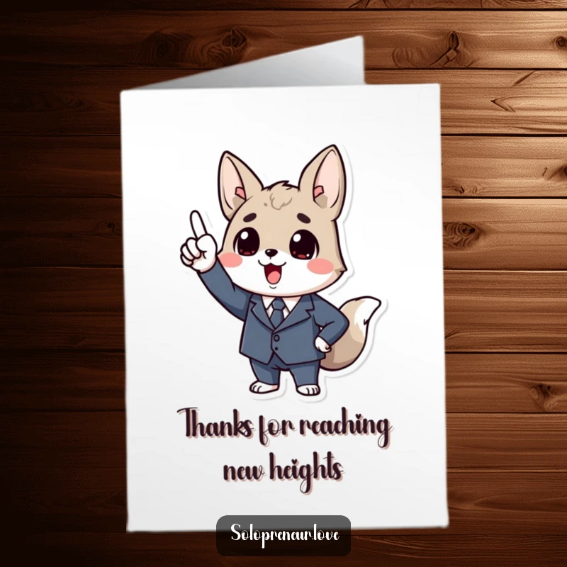 Funny free printable thank you card of a dapper animal in a suit pointing upwards, conveying great thanks with energy.