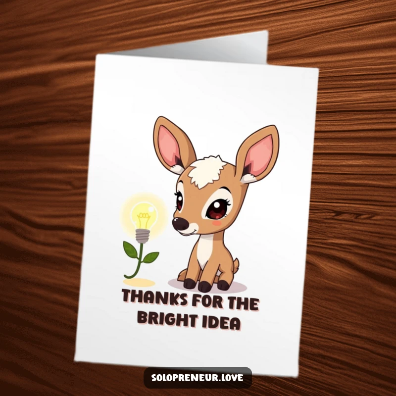 Funny Free Printable Thank You Card featuring a curious deer character pondering a tiny, glowing lightbulb icon, expressing thanks.