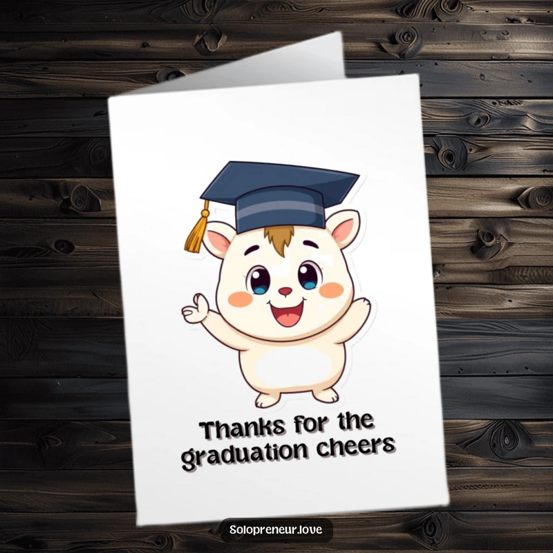 Funny free printable thank you card of a smiling creature in a graduation cap, cheering heartily to express gratitude.