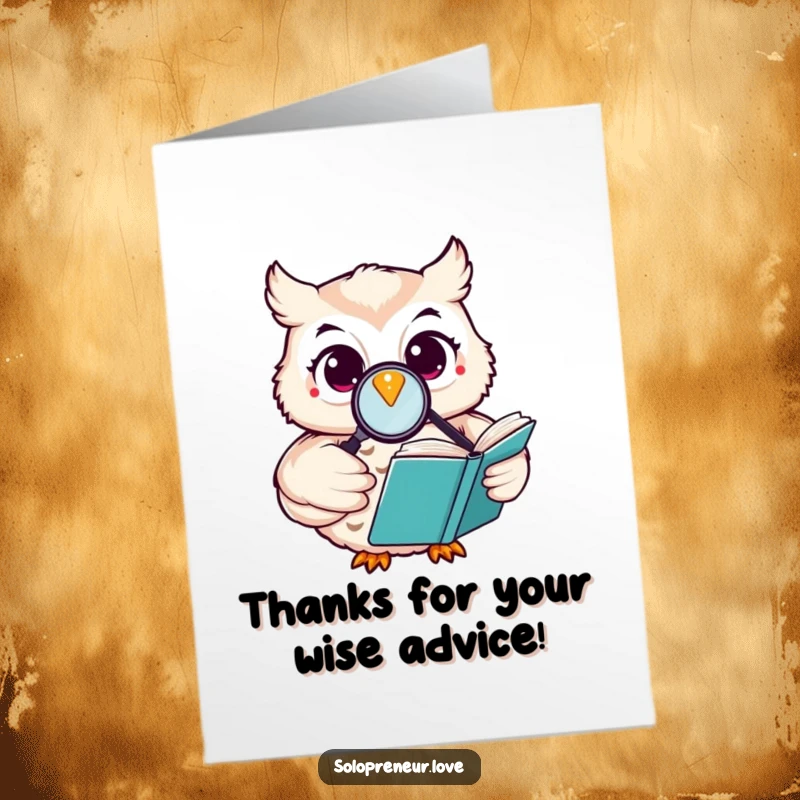 Funny Free Printable Thank You Card with a happy owl character reading a book with a magnifying glass, conveying thoughtful thanks.