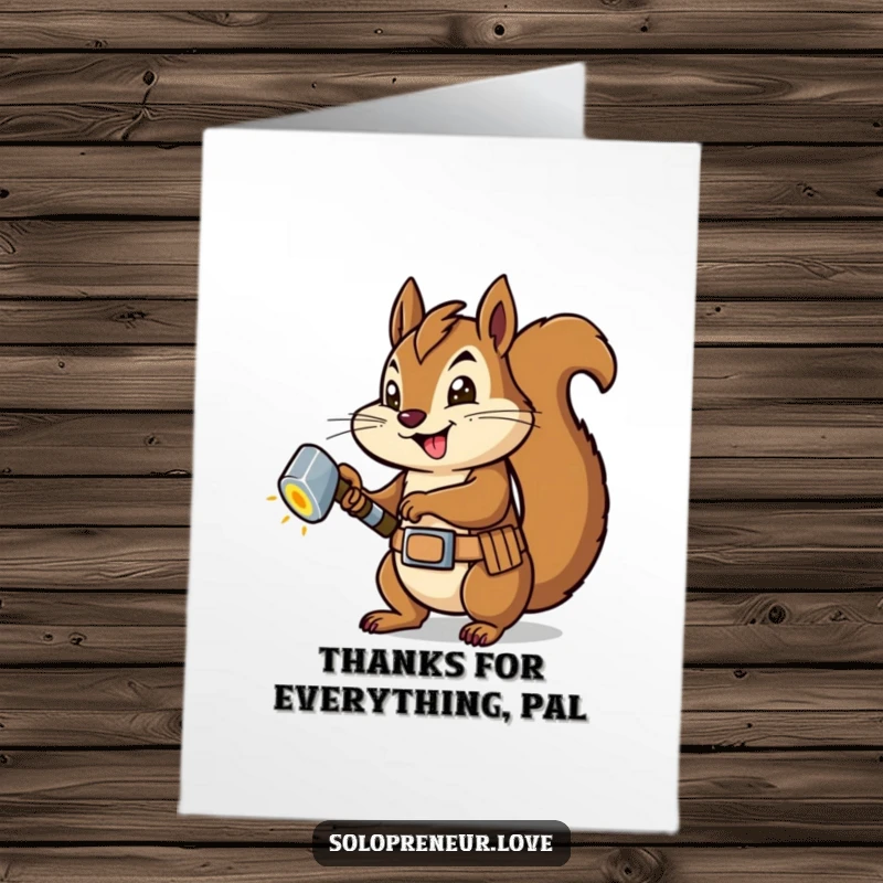 Funny Free Printable Thank You Card: Smiling squirrel with a tool belt confidently securing a glowing bolt.