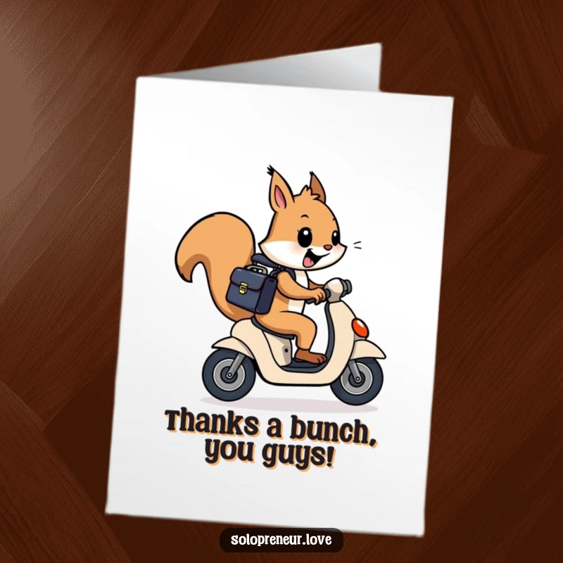 Funny Free Printable Thank You Card: Cheerful squirrel with briefcase zooms on a scooter, expressing thanks with energetic humor and speed.