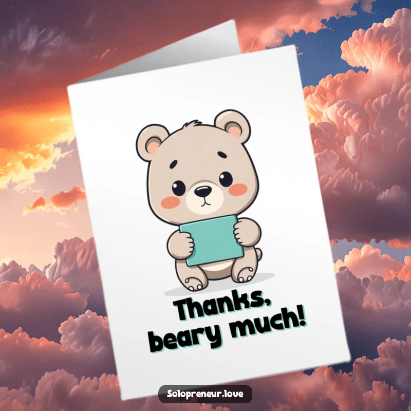 Funny Free Printable Thank You Card: A happy bear cub proudly holds up a finished project, expressing sincere thanks.