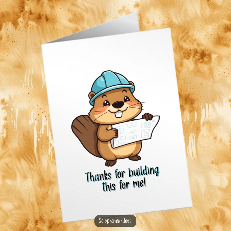Funny Free Printable cheerful beaver character wearing a hard hat, holding a blueprint, saying thank you for work.
