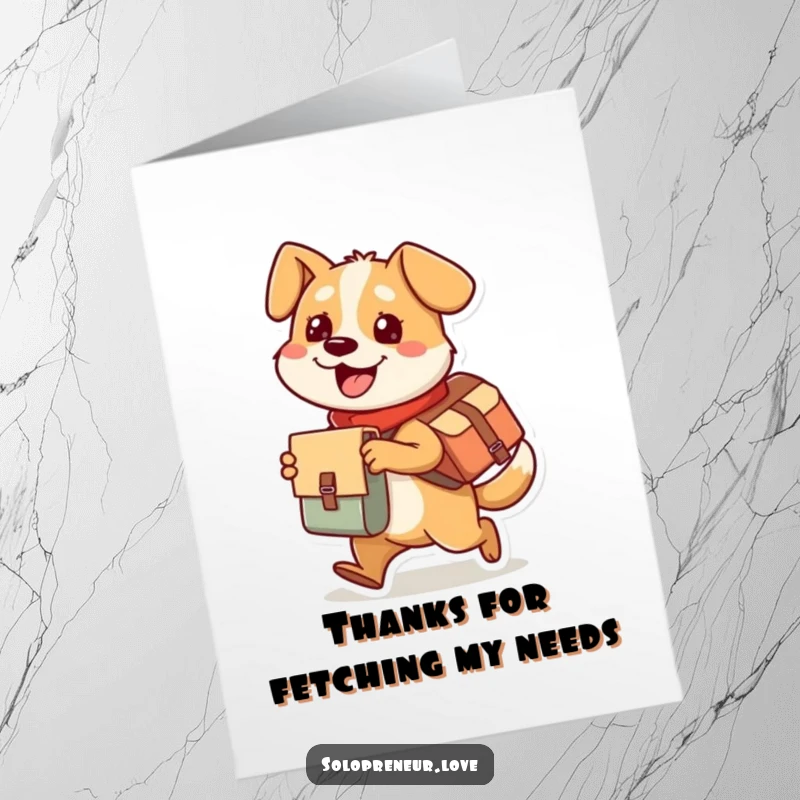 Funny Free Printable Thank You Card: A cheerful dog wearing a messenger bag, delivering a package with a grateful expression.