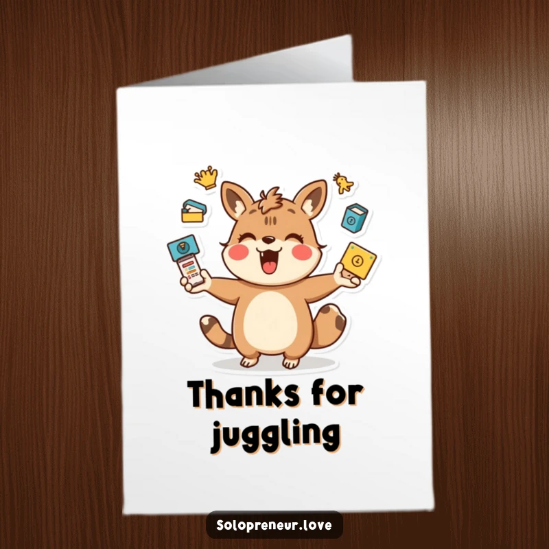Funny Free Printable Thank You Card with a playful animal character juggling icons, sending thanks energetically.