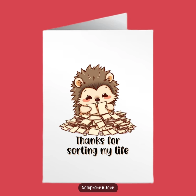Express your thanks for their help with this free printable card! The busy hedgehog sorting papers conveys your appreciation with a cute, funny touch, print at home.