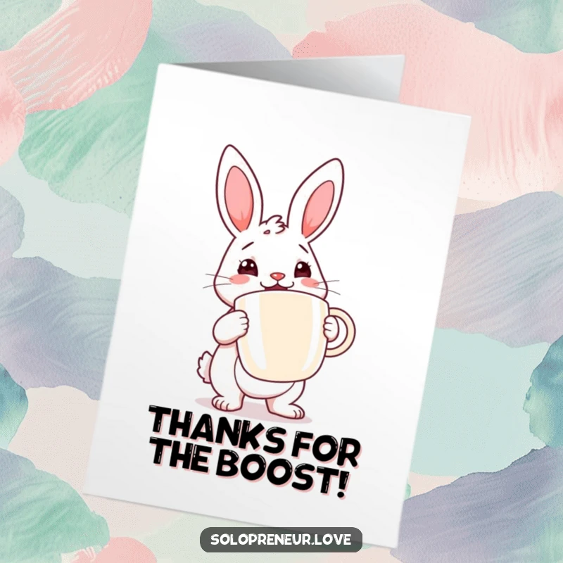 Funny Free Printable thank you card: Determined rabbit cheerfully holding a large coffee cup, conveying thanks.