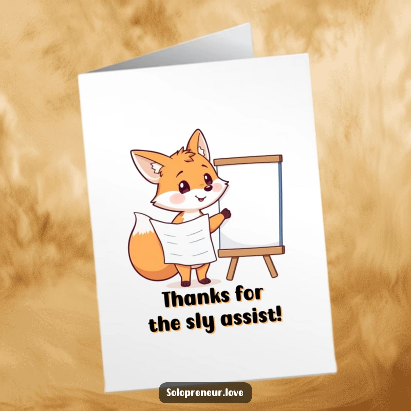 Funny Free Printable Thank You Card: Focused fox details a plan on a whiteboard, expressing thanks with meticulous and witty style.