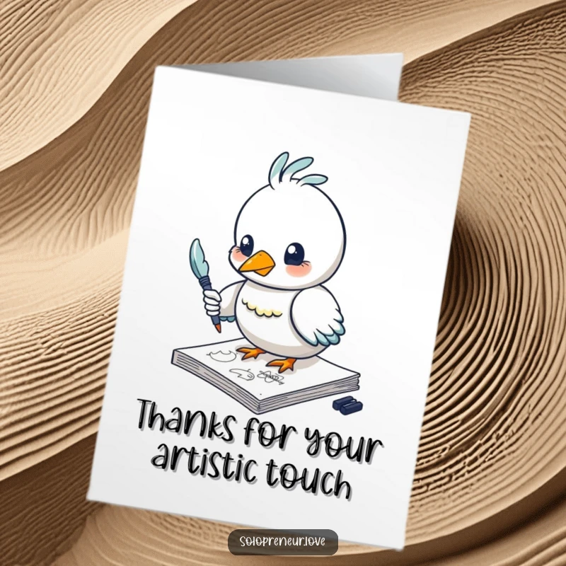 Funny Free Printable Thank You Card: A talented bird artist sketching a charming 'thank you' note with a feather pen.