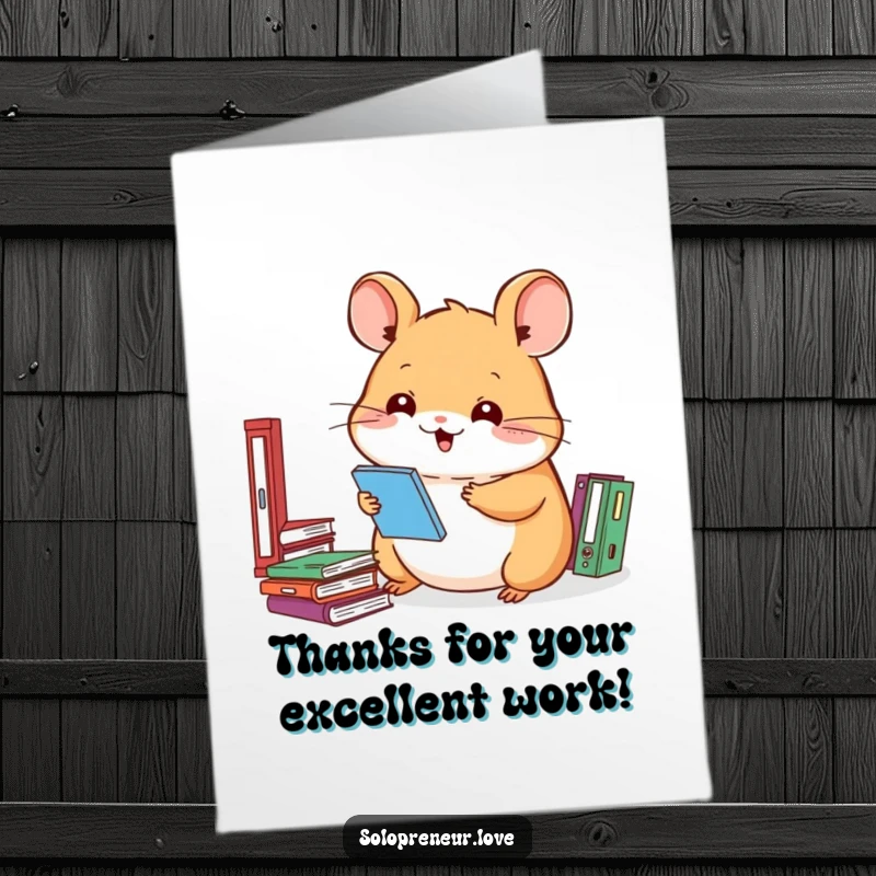 Funny Free Printable Thank You Card depicting a cheerful hamster presenting a small, neatly organized gift of thanks.