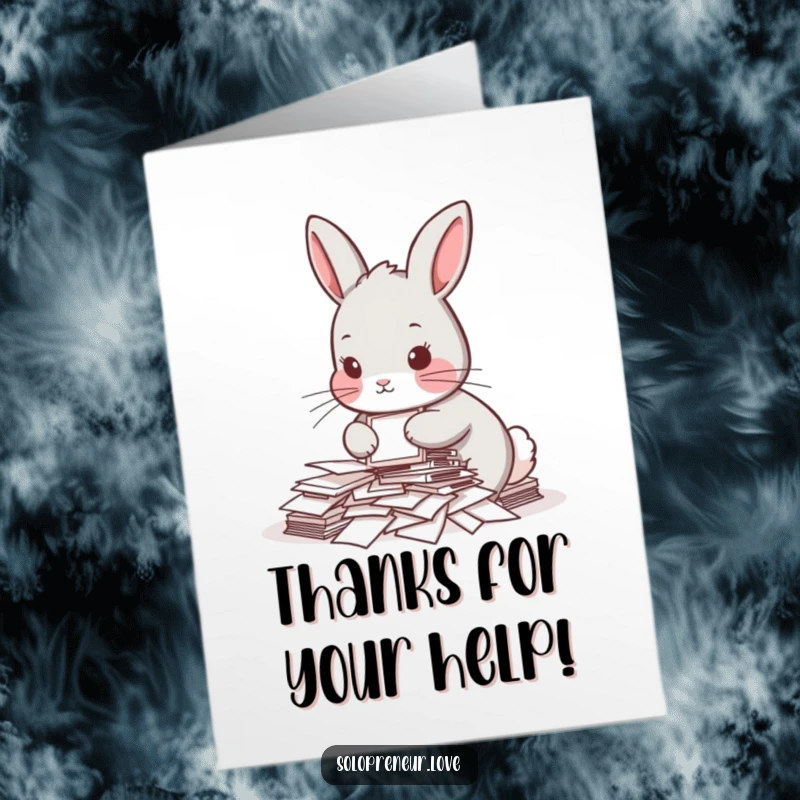 Funny Free Printable Thank You Card: A determined rabbit tackling paperwork with gusto, perfect for expressing thanks humorously.