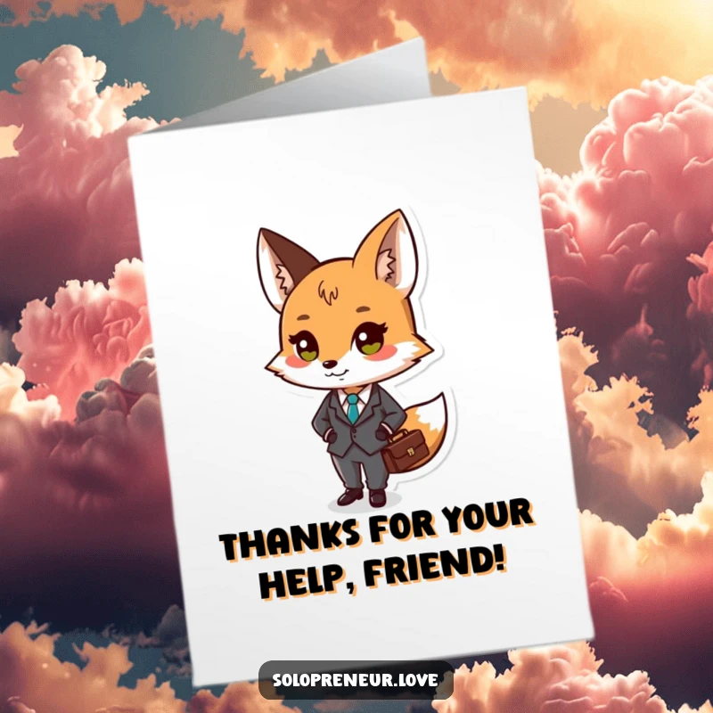 Funny Free Printable small fox character in a tiny suit holding a briefcase, delivering thanks professionally.