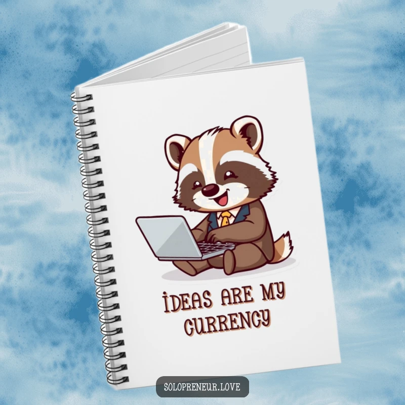 Funny badger business notebook featuring a tiny badger in a suit typing happily on a laptop, perfect for note-taking.