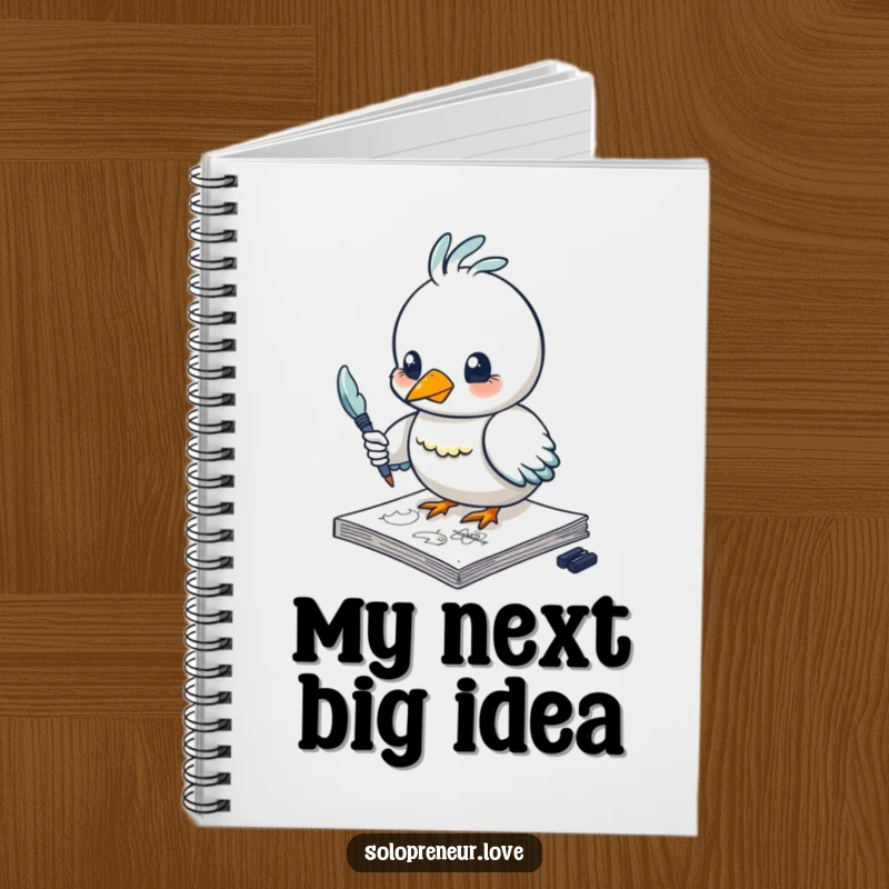 Funny bird notebook featuring a creative character sketching with a feather pen, perfect for jotting down notes with artistic humor.