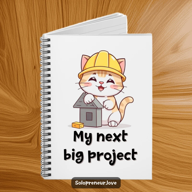 Funny cat hard hat notebook featuring a determined cat with a safety helmet, constructing a small, charming building.