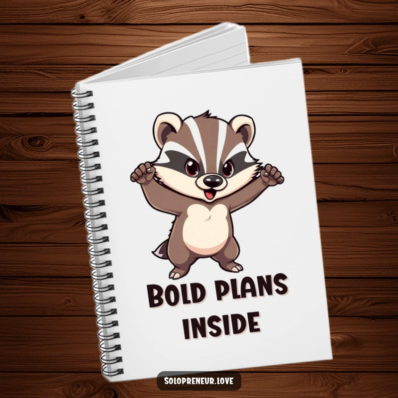 Funny badger notebook with a courageous character in a confident pose, perfect for jotting down bold ideas.