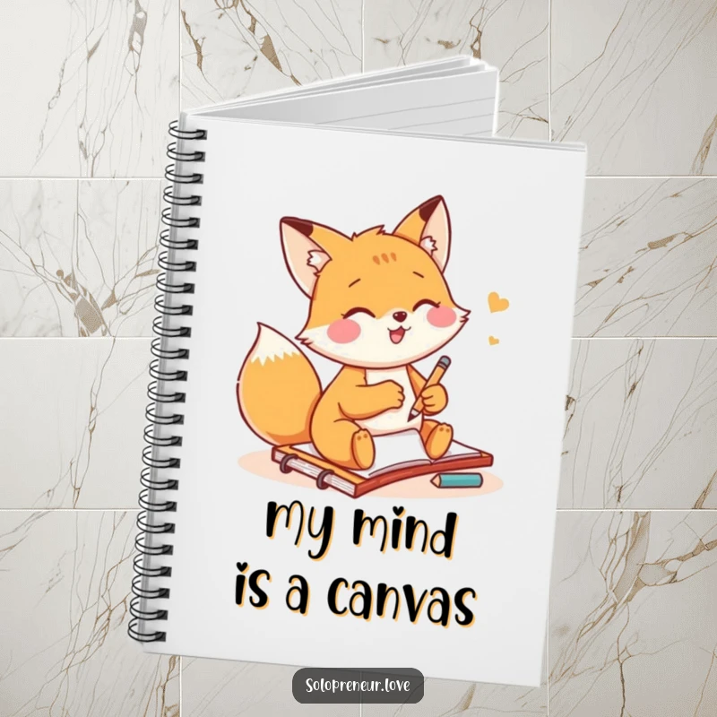 Funny fox artist notebook featuring a small fox gleefully sketching on a notepad, perfect for jotting down creative ideas.