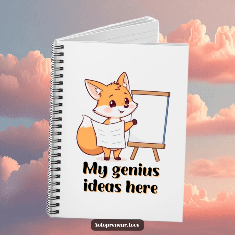 Funny fox character holding a plan, pointing at a whiteboard, ready to jot down notes in this humorous notebook.