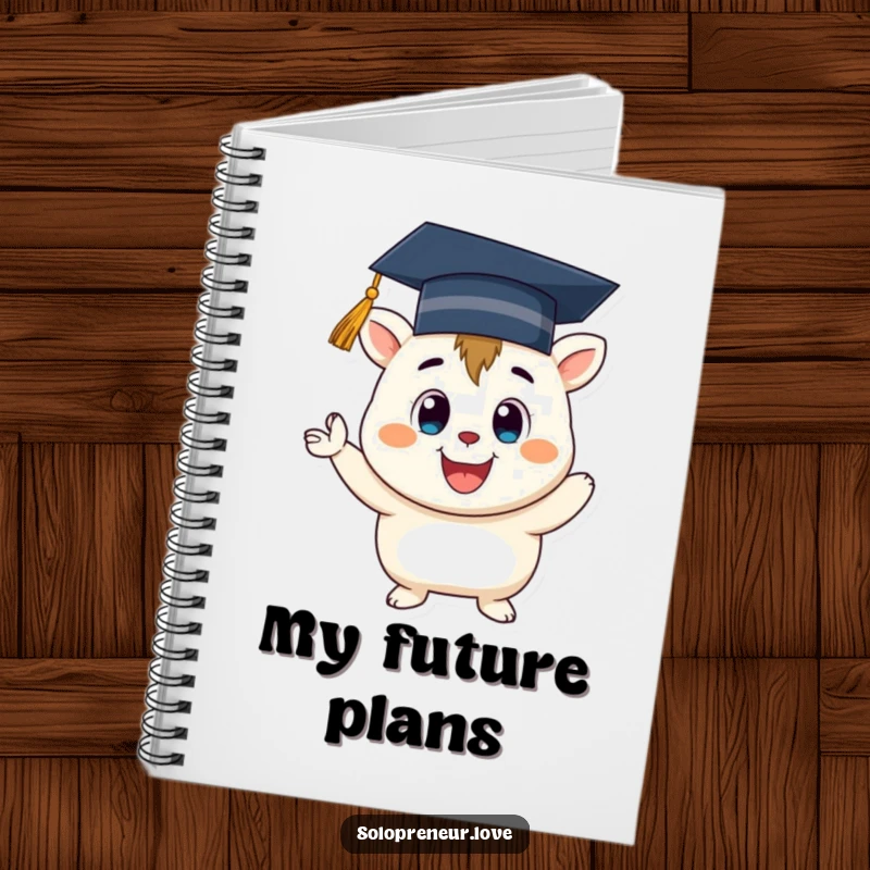 Funny Graduation Creature Notebook: Cover art of a smiling creature wearing a graduation cap, cheering excitedly.